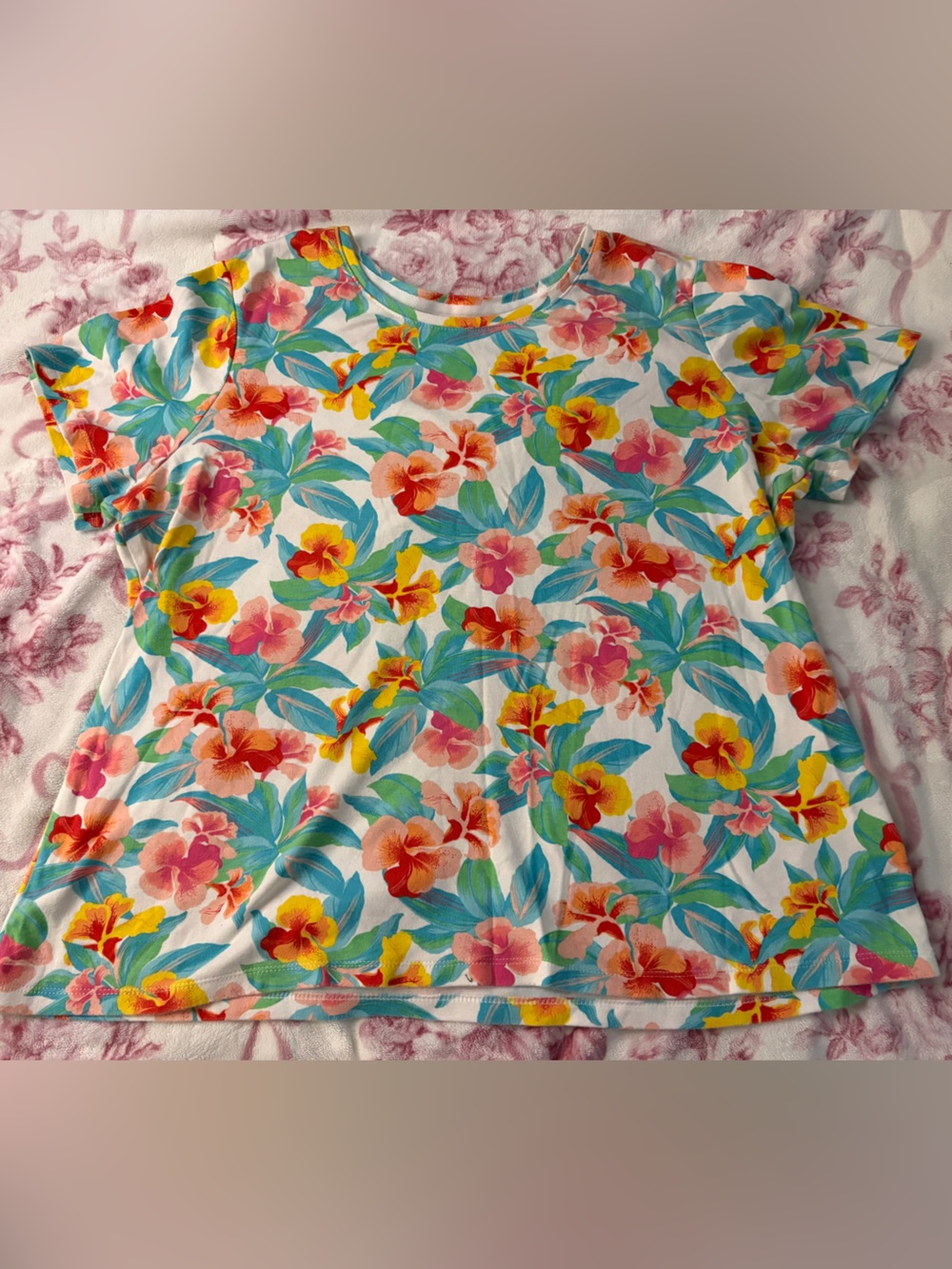Laura Scott White Floral t-shirt with Pink, Teal & Yellow Flowers